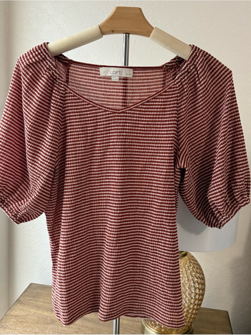 LOFT Rust and White Striped Puff-Sleeve Blouse